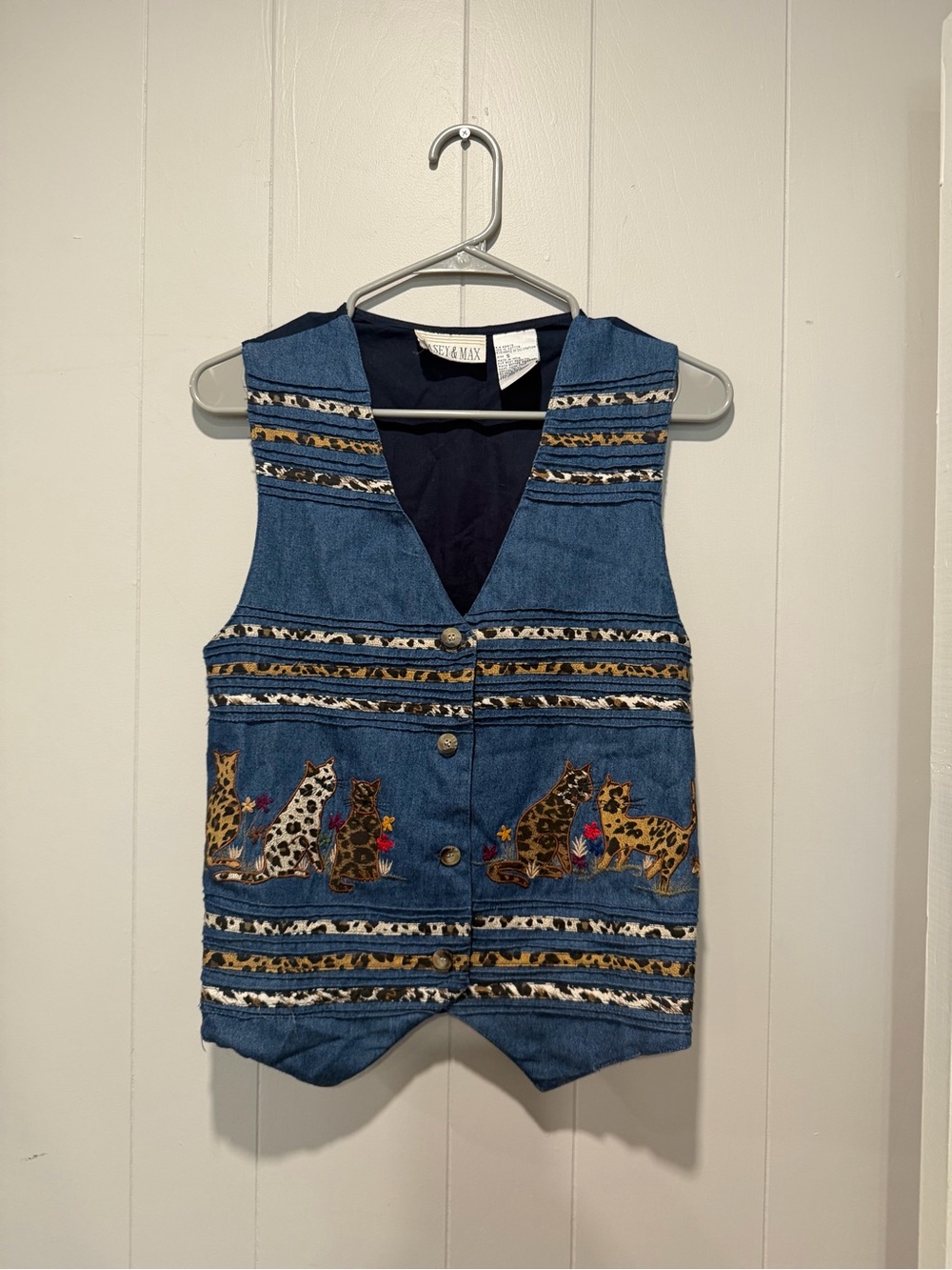 Denim Vest with Cat Embroidery - Blue - Casey & Max